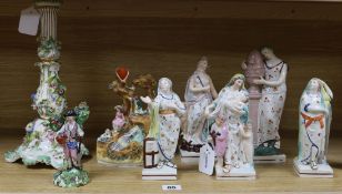 A Coalbrookdale-style flower-encrusted candlestick and a group of Staffordshire figures, late 18th/