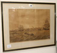 English School, oil on canvas, fishing boat at sea, indistinctly signed, and a lithograph of