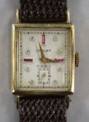 A lady's 14ct gold Chalet rectangular cased manual wind wrist watch.