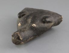 A Papua New Guinea carved and painted wood dog's head canoe prow, with shell inset eyes, 26cm