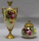 A Royal Worcester 'Etruscan' two-handled vase and a pot pourri, each painted with roses and
