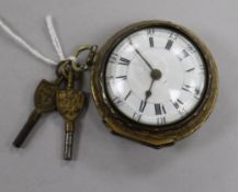 A mid-18th century gilt metal pair-cased keywind pocket watch, by Charles Clayton, London, with