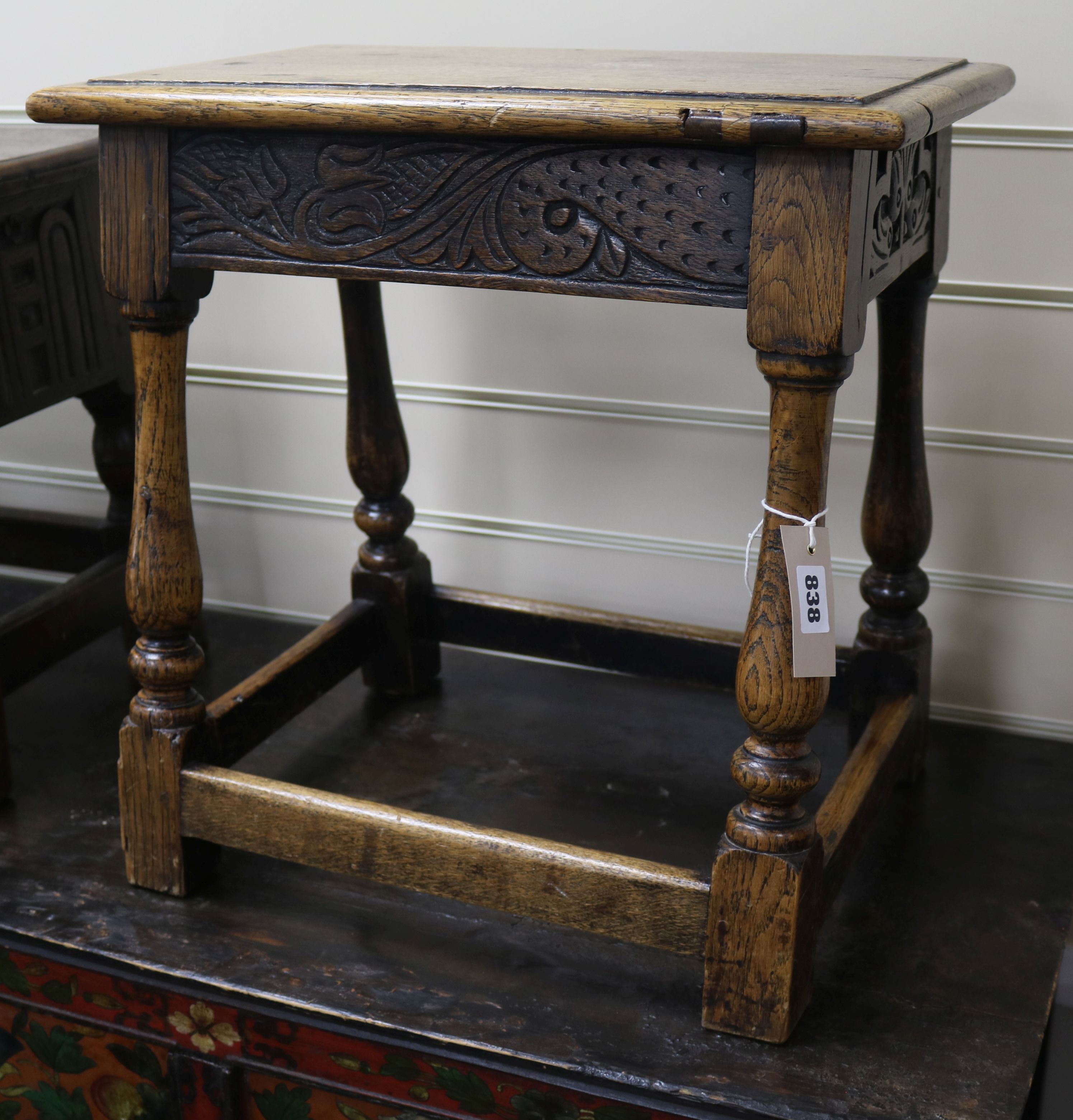 A reproduction oak joint stool W.46cm