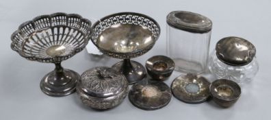 Two silver pedestal bonbon dishes and other items including an Indian? box and mounted toilet jars.