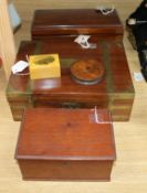 A brass-bound mahogany campaign box and four other boxes, including a tea caddy (modified), a