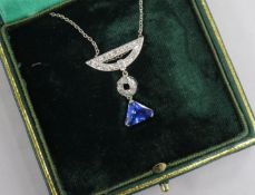 A 1920's style white metal, sapphire and diamond set drop pendant necklace, 25mm.