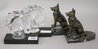 A pair of art glass horses head bookends and a pair of Art Deco dog bookends, signed Bal height