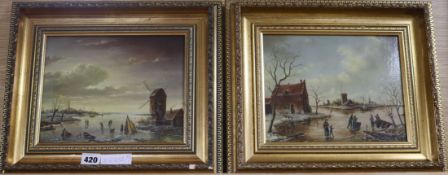 B. Verhoutton, pair of oils on board, Dutch winter landscapes, signed, 19 x 24cm