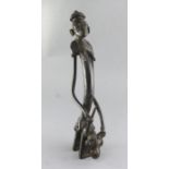 A Sao / Katoko bronze divination figure of a female woman holding a staff of power, seated upon a