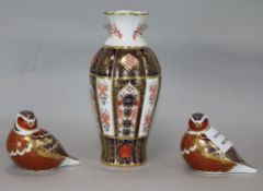 A Royal Crown Derby 'Old Imari' vase and two bird paperweights
