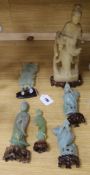 A Chinese celadon jade magnolia blossom, a jadeite figure of Guanyin, a pair of jadeite birds, a