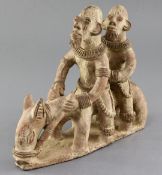 A Sao People Lake Chad area terracotta group of two bearded men riding a horse, height