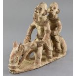 A Sao People Lake Chad area terracotta group of two bearded men riding a horse, height