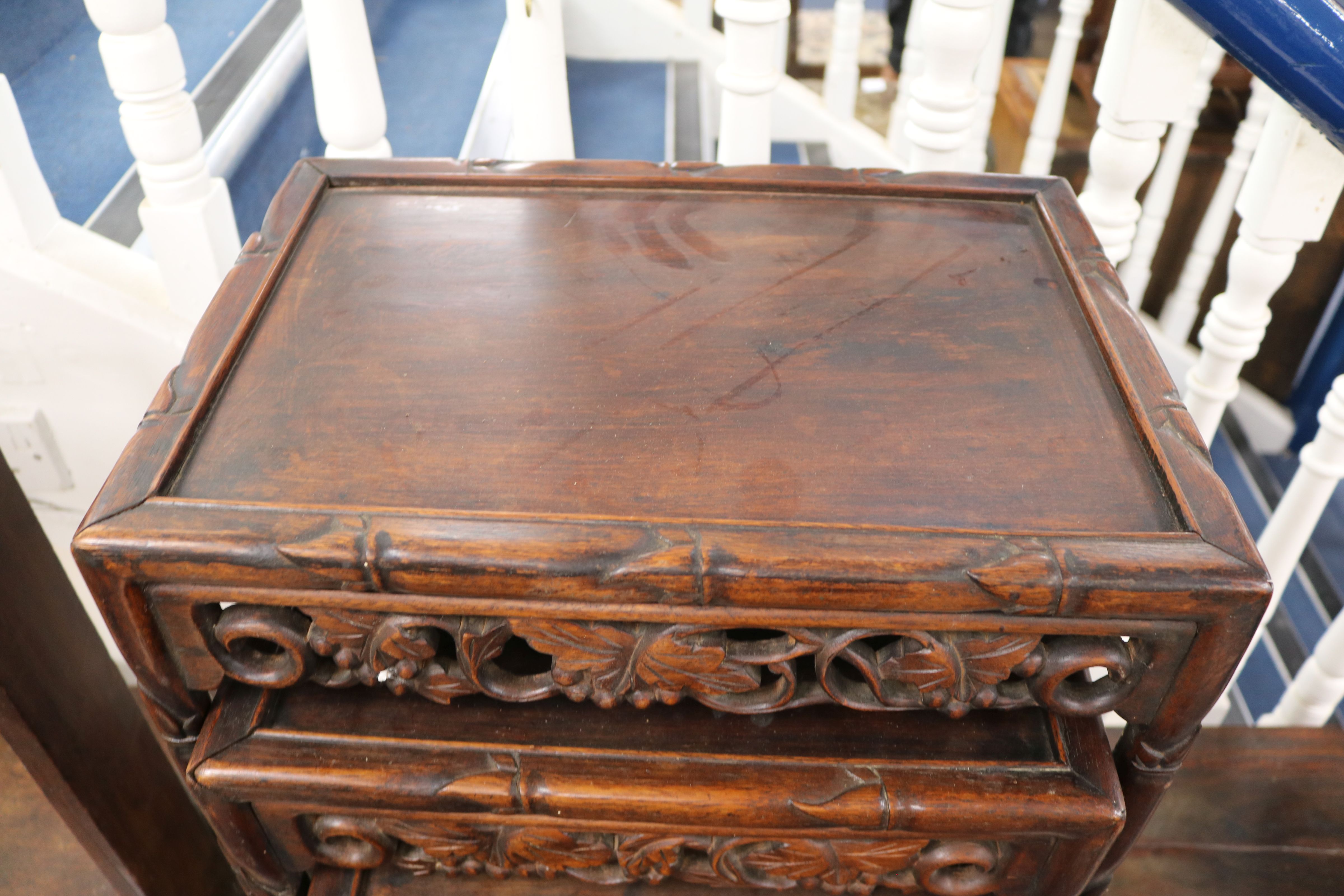 A Chinese nest of four carved hardwood tea tables (the largest a.f.) W.44cm - Image 2 of 6