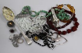 A silver berry spoon, a silver pepperette and a mixed quantity of assorted jewellery including