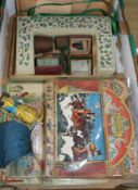 A collection of Victorian and later children's toys, including 'The Crown Illuminated Panorama', a