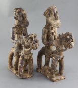 A pair of Jenne Inner Niger Delta, Mali terracotta horses with riders, decorated with blue paint,