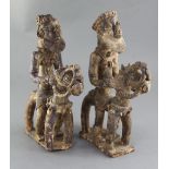 A pair of Jenne Inner Niger Delta, Mali terracotta horses with riders, decorated with blue paint,