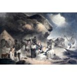 An early 19th century English coloured mezzotint of shipwrecked sailors on the African Coast, 44 x