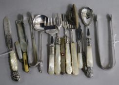 A silver 'Apostle' preserve spoon, two pairs of silver sugar tongs and sundry mother of pearl