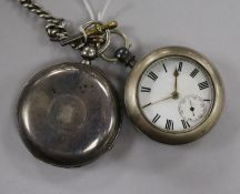 Two silver pocket watches, one with silver albert and one with later base metal outer case.