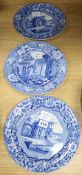 Three Staffordshire pottery printed blue and white dishes diameter 25cm