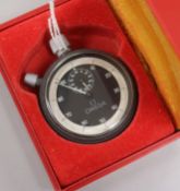 A steel Omega pocket stopwatch in Omega box.