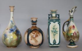 Four Hadley's Worcester decorative vases, various, including a ewer-shaped example painted with