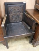 An oak chair with carved panel back W.72cm (a.f.)