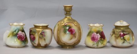 Five Royal Worcester small vases painted with roses, various, including a heavily gilded bottle-