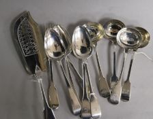 A pair of George III silver sauce ladles, a pair of Victorian sauce ladles and sundry flatware,