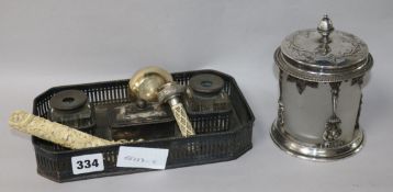 A plated desk stand, a mounted jar, an ivory case, etc.