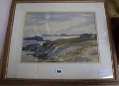 Charles Knight, ink and watercolour, view along the Welsh coast, signed, 28 x 38cm