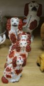 A group of five Staffordshire spaniels, roan and white