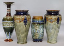 Four items of Doulton Art Nouveau tube-lined stoneware, including a Lambeth jug of barrel form