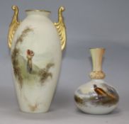 A Royal Worcester blush ivory bottle vase and a similar Grainger & Co two-handled ovoid vase, the