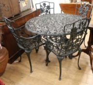 A metal garden table and four chairs W.110cm approx.