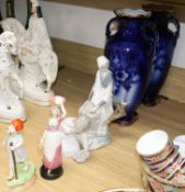 Two Lladro figures, a Royal Worcester figure Thursday's Child, Flo blue vases and other items