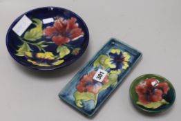 Two Moorcroft Hibiscus circular dishes and a pen dish