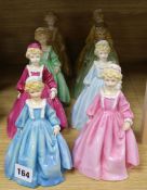 Eight Royal Worcester figures of 'Grandmother's Dress', after Freda Doughty, various colours