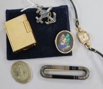 A Dupont lighter, two Scottish hardstone brooches, a lava brooch, a 9ct gold watch and a pietra dura