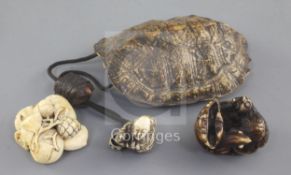 Two Japanese ivory netsuke and a turtle carapace pouch and netsuke, 19th century, the first