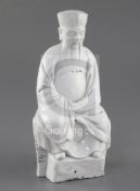 A Chinese Dehua blanc de chine seated figure of a sage, 17th century, height 20.5cm, typical