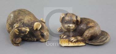 Two Japanese ivory netsuke, 19th century, the first Kyoto School of a rat and young with ebony