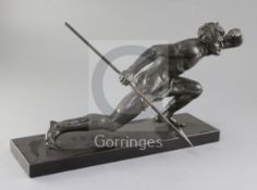 A 1930's French bronze figure of a hunter holding a spear, on black marble plinth, width 20in.