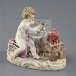 A Meissen figure of Cupid making a cup of hot chocolate, 19th century underglaze blue crossed swords