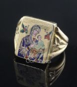 A yellow metal signet ring decorated with a miniature Greek icon 'Madonna Queen of Angels' in