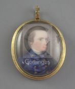 Late 18th century English Schooloil on ivoryMiniature of a gentleman wearing a blue coat,1.5 x 1.