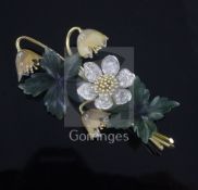 A 1960's white and yellow gold, jadeite and diamond set floral spray brooch, in fitted