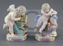 A pair of Meissen figures of Cupids, 19th century, the first of Cupid resting, the triangular base